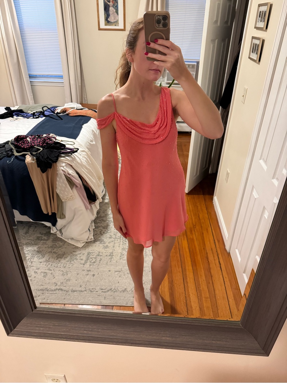Coral Beaded Cowl Neck Slip Dress